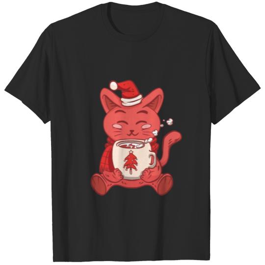 Discover Winter cat with hot chocolate funny cartoon cat T-shirt