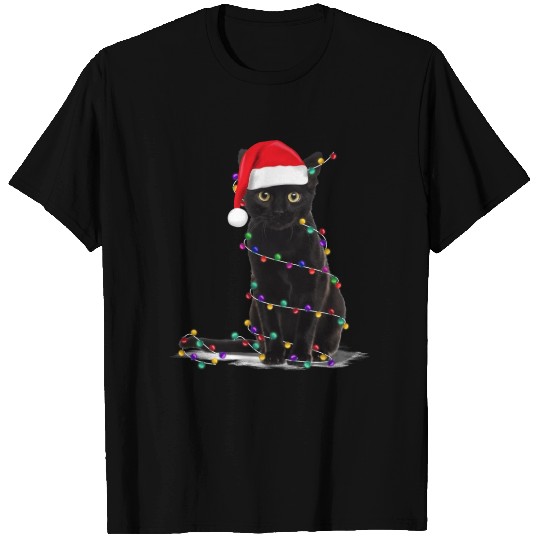 Black Cat christmas light funny cat lover Xmas T-shirt