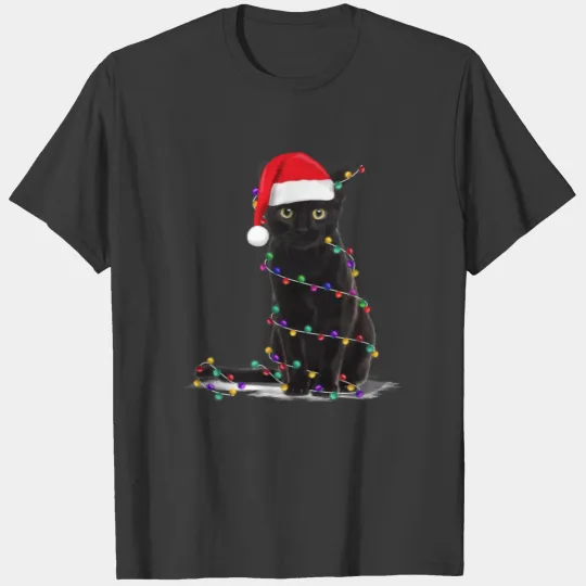 Black Cat christmas light funny cat lover Xmas T-shirt