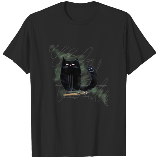 Discover The black cat quarreled with its tail. T-shirt