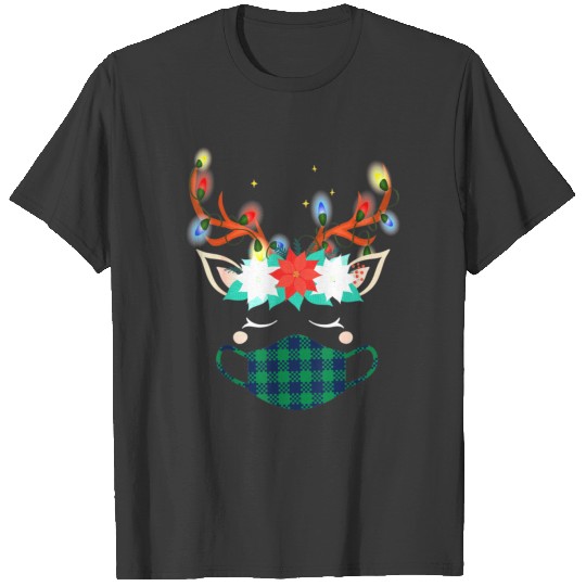 Reindeer Face Wearing Mask Christmas Light Green T-shirt