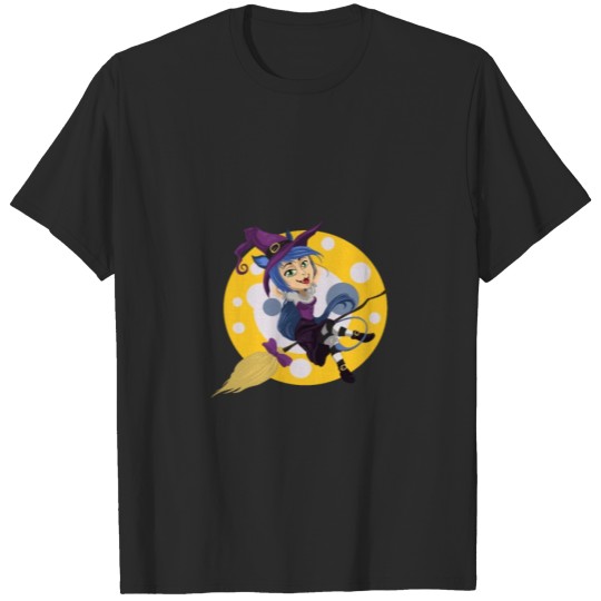 Discover Funny Witch Girl Riding Broom Flying Moon Design T-shirt