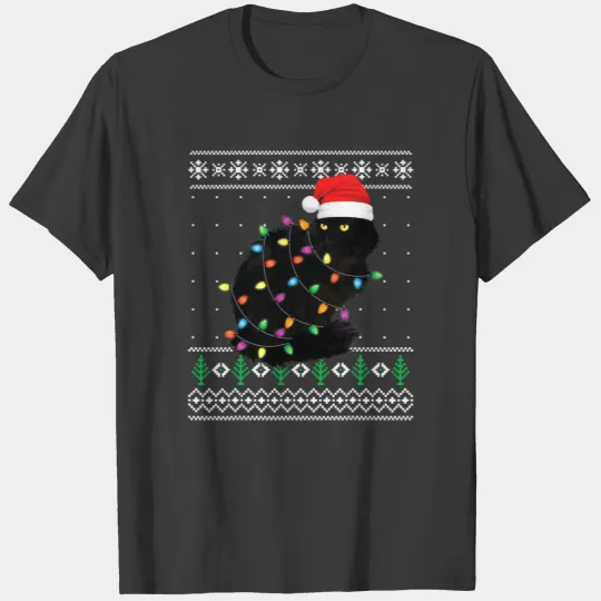 Black Cat Christmas Ugly Sweater Santa Cat T-shirt