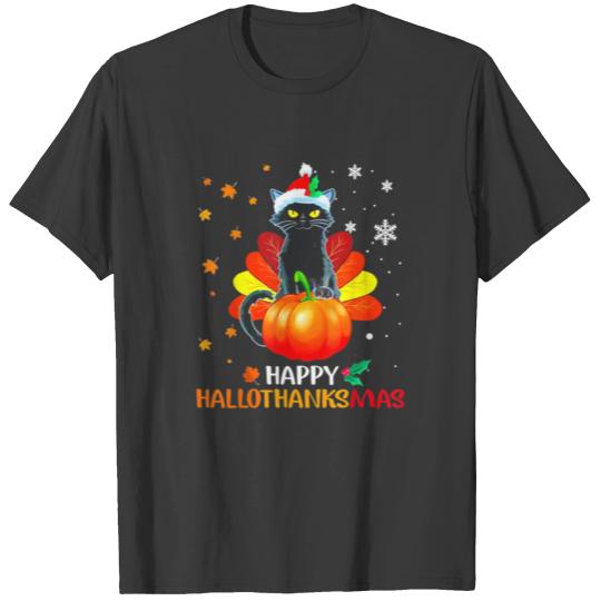 Black Cat Halloween and Merry Christmas Happy T-shirt