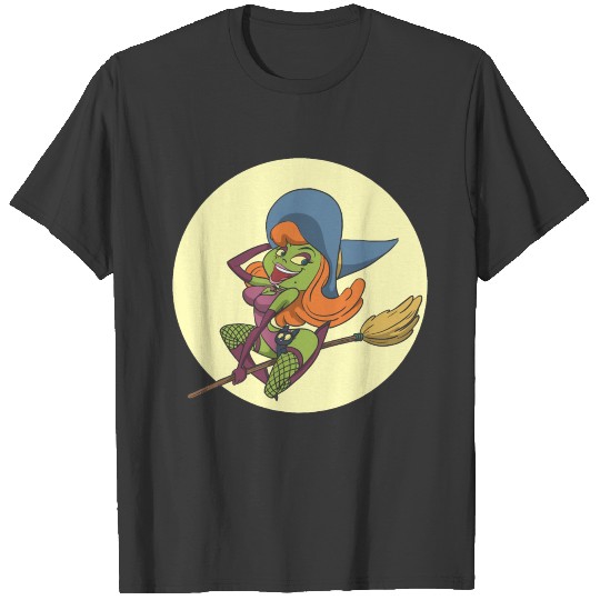 Cheeky green witch rides broom with cat T-shirt