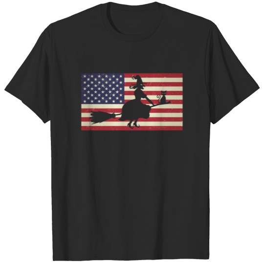 American Flag Distressed Halloween Witch Broom Cat T-shirt