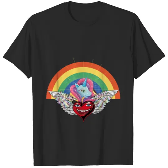 Discover Unicorn rainbow wings heart T-shirt