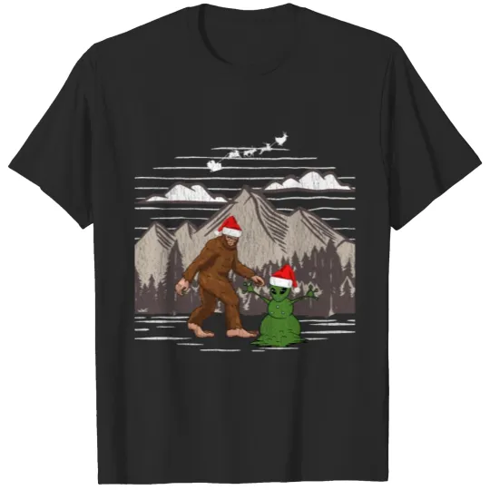 Discover Funny Alien Snowman and Bigfoot Santa Hat Christma T-shirt