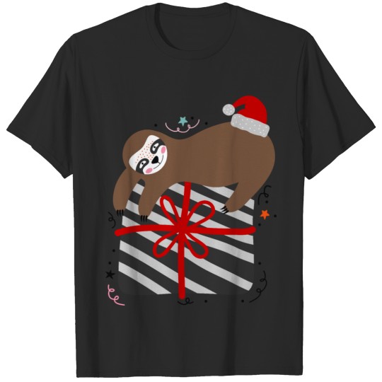 Discover Sloth with Christmas Gift and Santa's Hat T-shirt