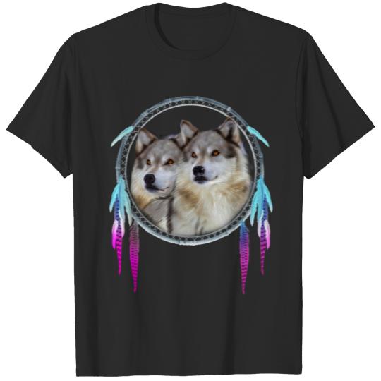 Discover Two White Wolves Dream Catcher T-shirt