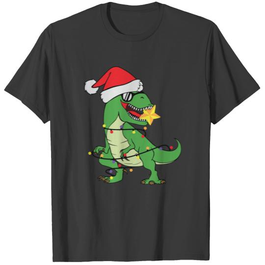 Funny Trex Christmas Light Santa Hat Xmas Present T-shirt