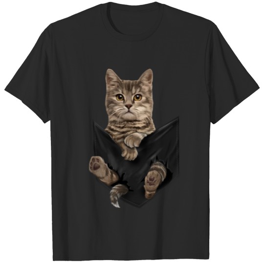 Discover Serious Face Brown Cat Pocket T-shirt