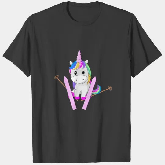Unicorn rainbow glitter ski snow winter T-shirt