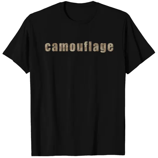 the word camouflage with a sand color pattern T-shirt