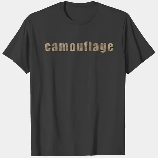 the word camouflage with a sand color pattern T-shirt