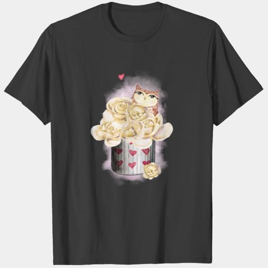 Discover Watercolor cute owl and beautiful peonies in box T-shirt
