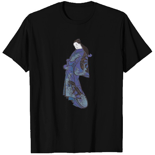 a lady in a ice blue kimono T-shirt