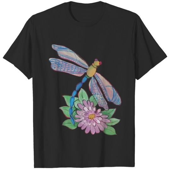 Discover Magical Blue Dragon fly and Pink Flower T-shirt