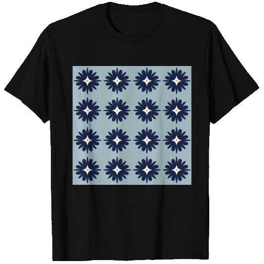 Navy, White, and Orange Flowers Pattern on Gray T-shirt