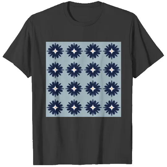Navy, White, and Orange Flowers Pattern on Gray T-shirt