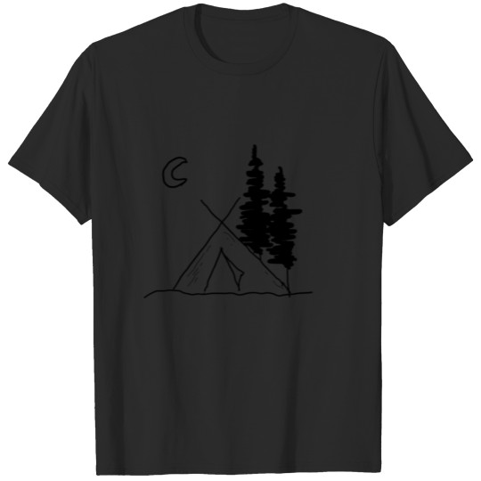 Discover Camping in tent at night under fir trees and moon T-shirt