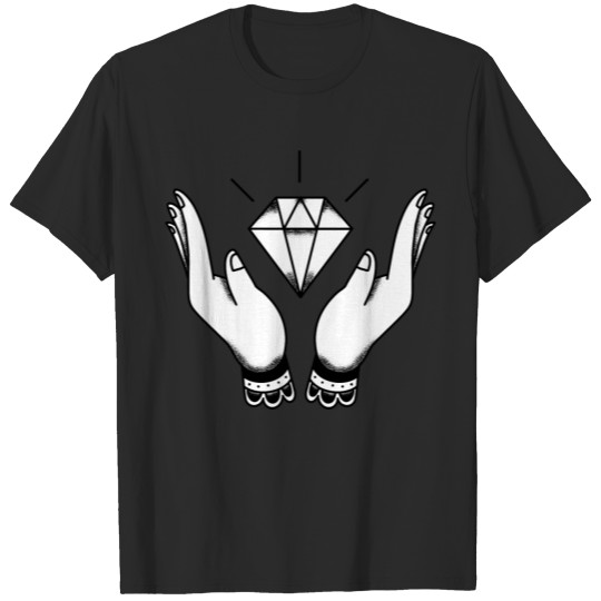 Discover hands holding a diamond T-shirt