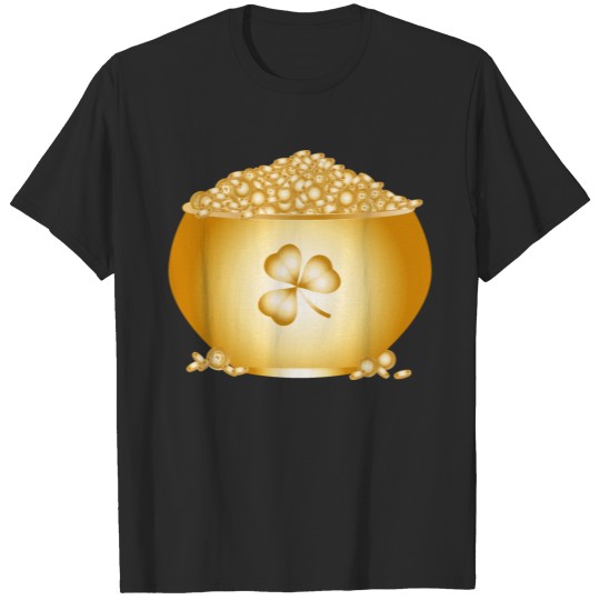 Discover golden pot of gold and a golden shamrock T-shirt