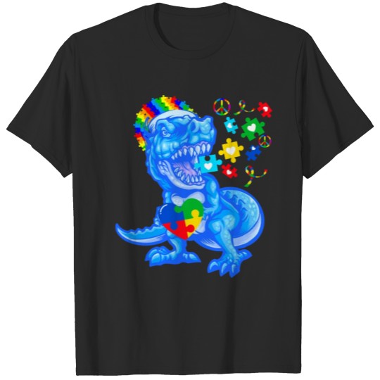 Discover Autism Awareness Blue Month Blue Dinosaur T Rex T-shirt