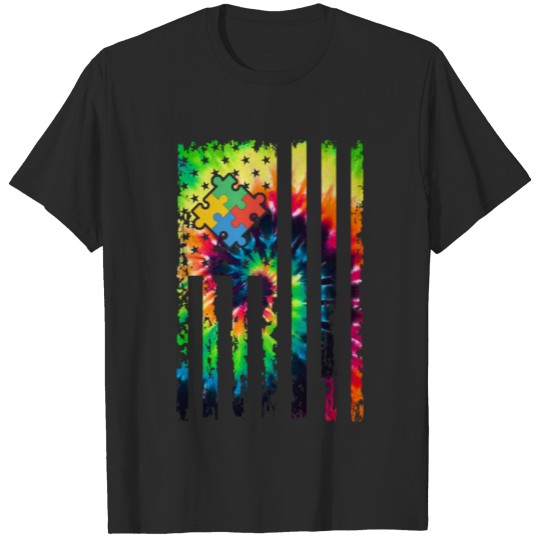 Discover Autism Awareness Tie Dye Grunge American Flag T-shirt