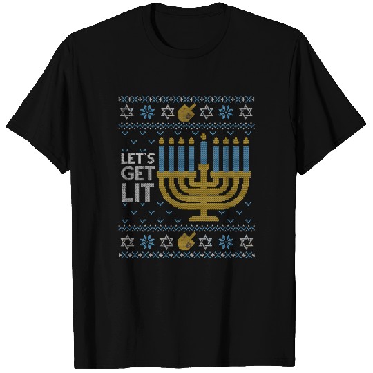 Funny Ugly Hanukkah Sweater Lets Get Lit Drinking T-shirt