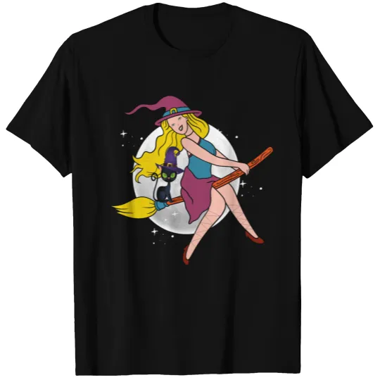 Witch Woman Cat Funny Witch Broom Housewife T-shirt