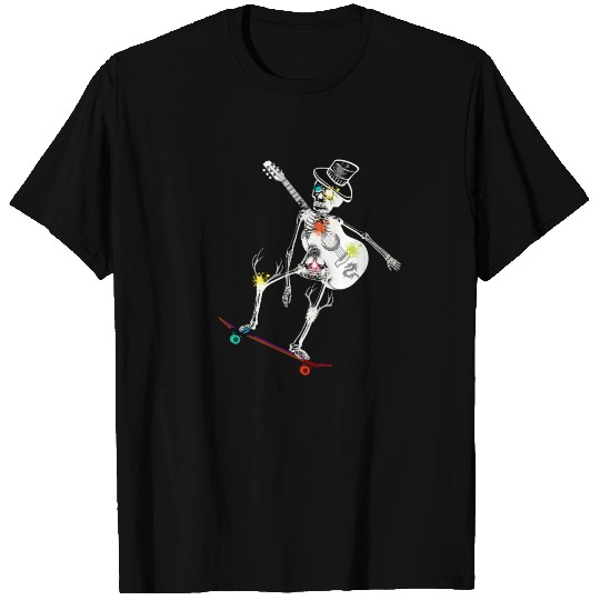 funny halloween skeleton on skateboard and guitar T-shirt