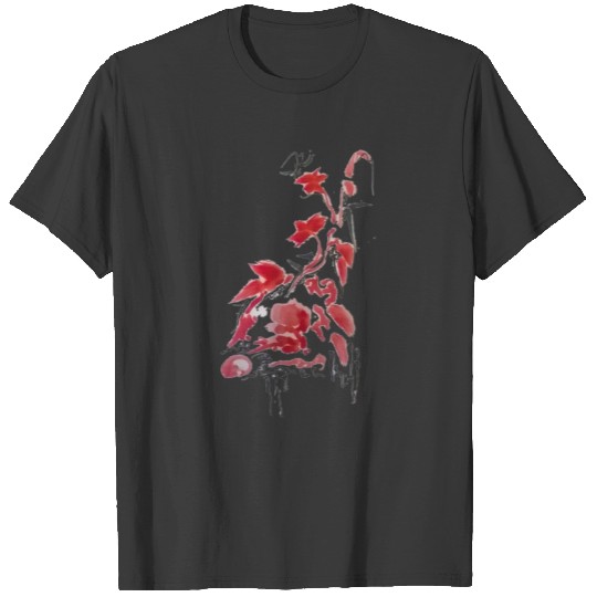 red flowers and butterfly zen sumie drawing o T-shirt