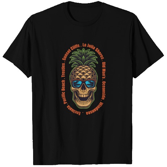 San Diego Beaches Surf Points Pineapple Skull T-shirt