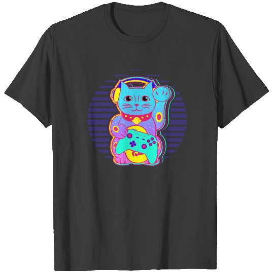 Vaporwave Japanese Maneki Neko Cat Video Gamer T-shirt