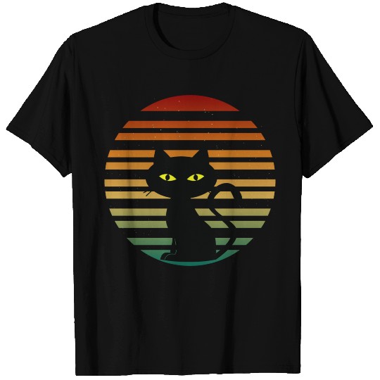Black Cat Yellow Eyes, Retro Sunset T-shirt