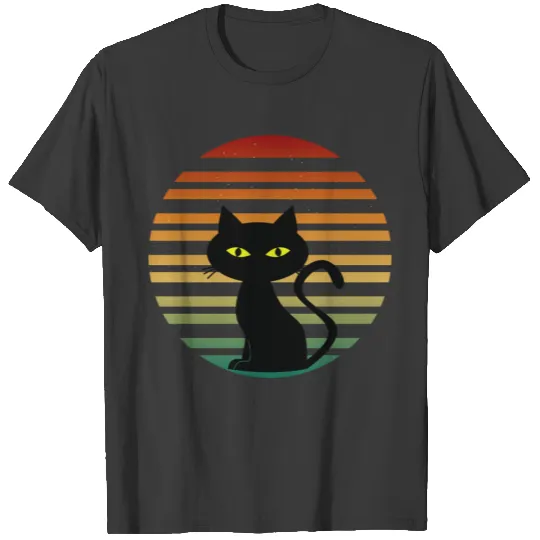 Black Cat Yellow Eyes, Retro Sunset T-shirt
