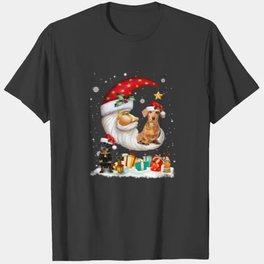Dachshund Hat Santa On Moon Christmas Funny DoxieG T-shirt
