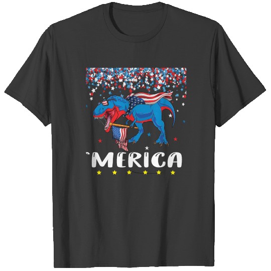 dinosaur with american flag and usa sunglasses. in T-shirt