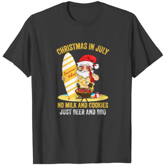 Surfer Santa Beer And BBQ Christmas In July T-shirt
