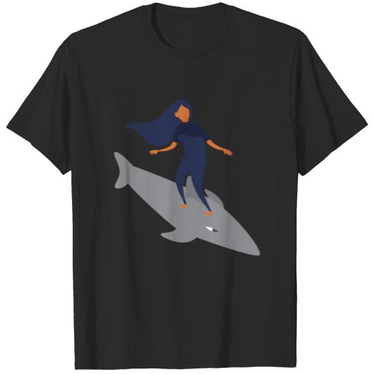 Discover Girl surfing on a shark T-shirt