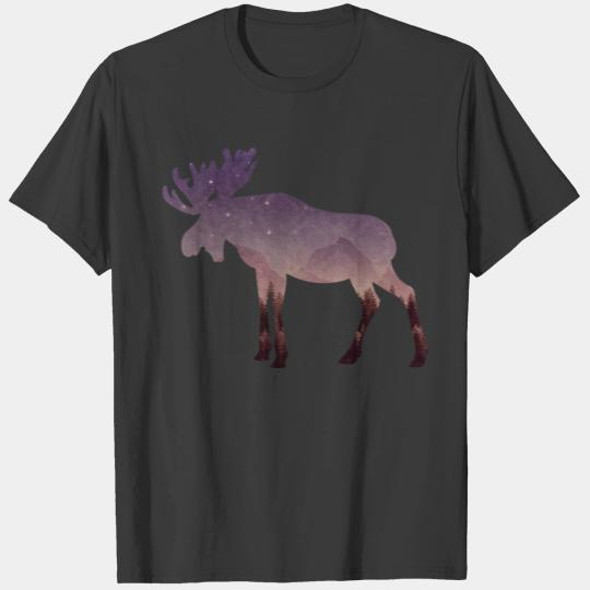 Moose Deer with Christmas Tree and night sky T-shirt