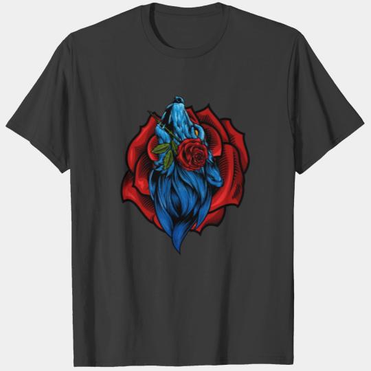 Howling Wolf with Rose Floral Illustration T-shirt