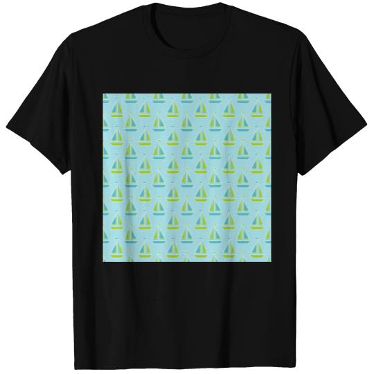 Trendy Green Blue Boat Pattern T-shirt