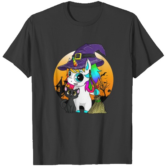 Unicorn Witch Halloween Black Cat Orange Moon T-shirt