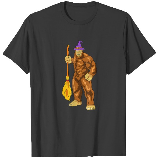Bigfoot Witch Sasquatch with Broomstick Halloween T-shirt