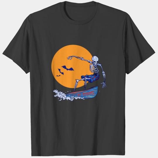 Funny Cool and Creepy Surfing Skeleton Halloween T-shirt