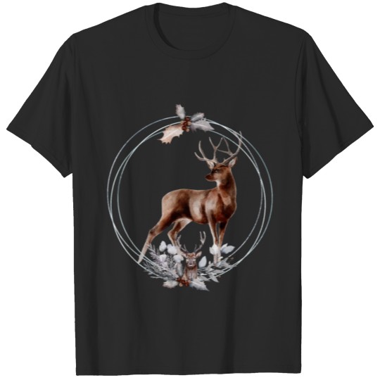 Discover Watercolor painting of a stag with a floral frame T-shirt