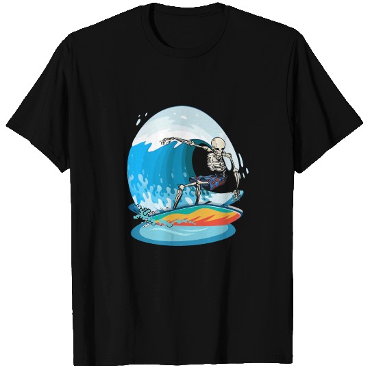 surfing skeleton, catching a great wave halloween T-shirt