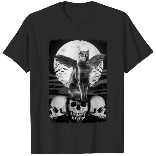 Cat Raven Skulls Creepy Crow Moon Kitten Gothic T-shirt